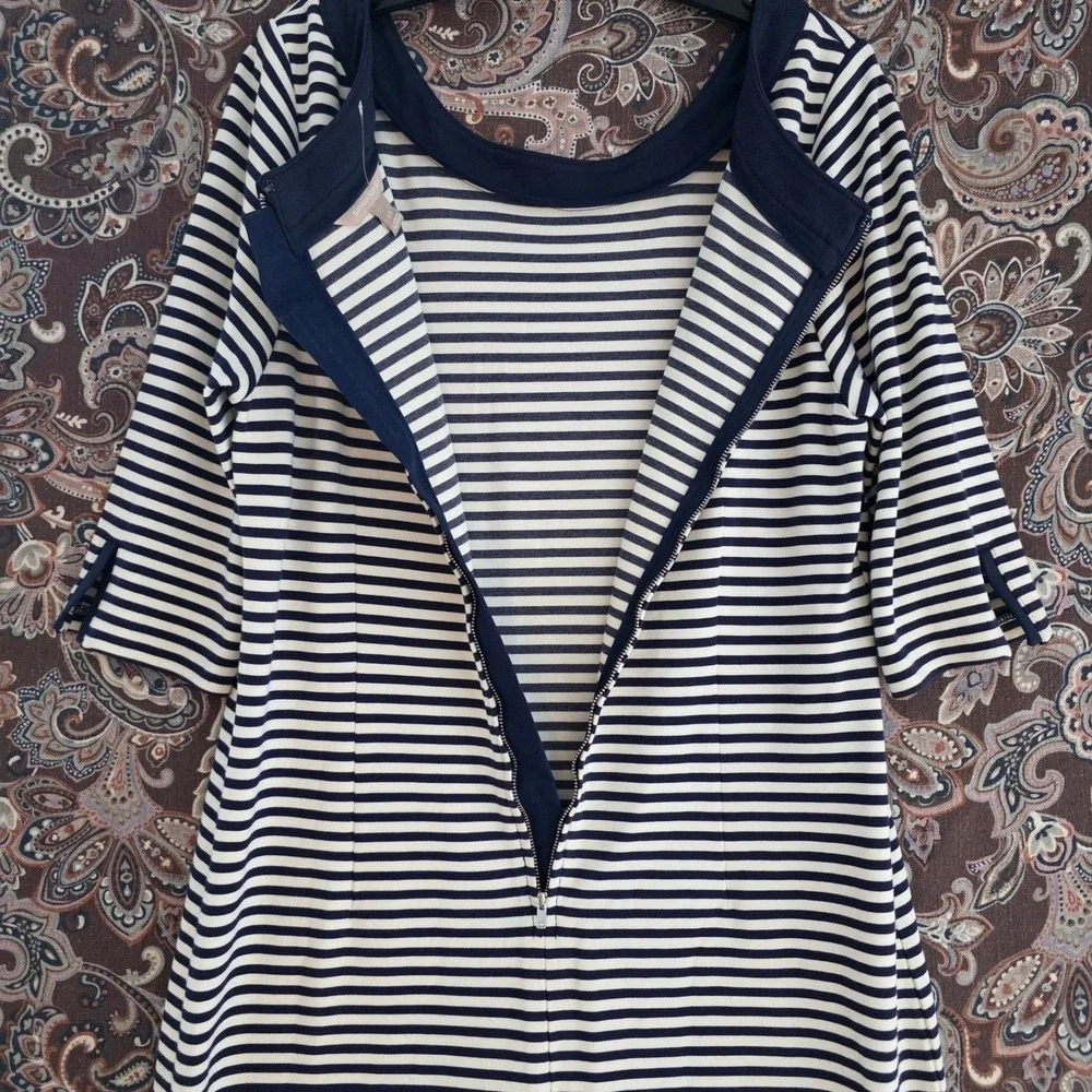 Banana Republic Navy White Striped Sheath Dress Scoop Neck Elbow Sleeve Size 10 - Picture 11 of 16